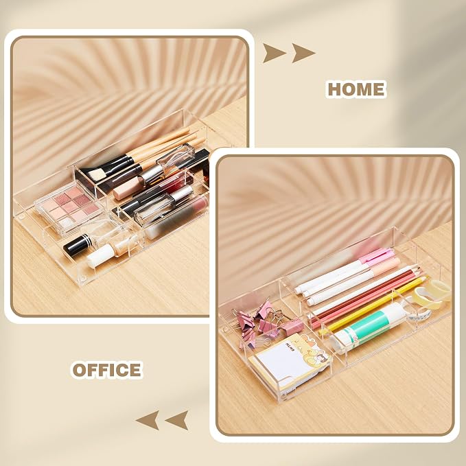 Briwooody Clear Acrylic Drawer Organizer,6 Compartments,Small | 11 x 6.1 x 1.38 Inche Desk Storage Tray Organizer for Pen, Stationery, Desktop, Office, Bathroom, Kitchen, Makeup Supplies