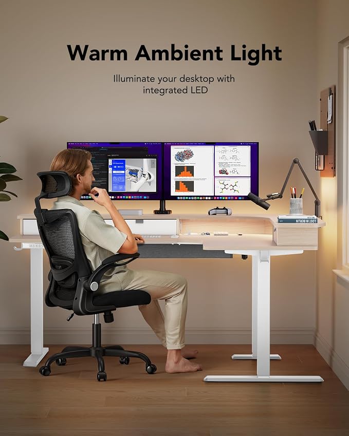 HUANUO 65″ L Shaped Standing Desk with 3 Drawers, Electric Height Adjustable Corner Computer Desk with Power Outlets & LED Strip, Sit Stand Up Desk for Home Office, Natural Wood