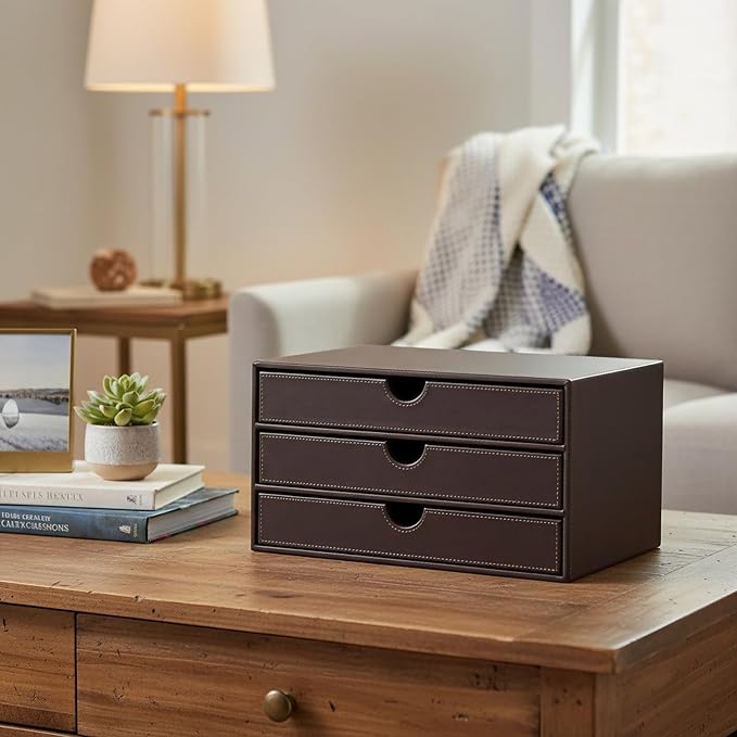 UnionBasic Leather Desktop Drawer Organizer, File Cabinet Magazine Document Holder, Office Supplies Desk Storage Organizer Box, 3 Drawer, Coffee