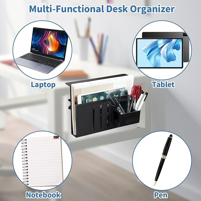 Desk Side Storage Organizer, Under Desk Laptop Holder with Magnetic Pen Holder, No Drill Hanging Desk Caddy for Office & Home, Clamp On Desk Shelf for Tablet, Files, Accessories (Black)