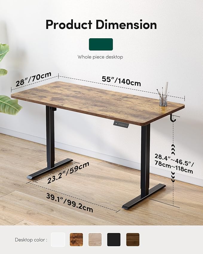 CubiCubi 55 x 28 Inch Large One-Piece Standing Desk, Adjustable Height Electric Computer Home Office Sit Stand up Whole Board Workstation, with Memory Presets, Headphone Hook, Rustic Brown