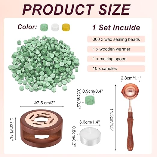 PATIKIL Wax Seal Kit, 300 Pcs Wax Sealing Beads, Wooden Warmer, Melted Spoon, 10 Pcs Tealight Candles for Envelope Letter Mailing Crafts DIY, Light Green/Bright Yellow/White