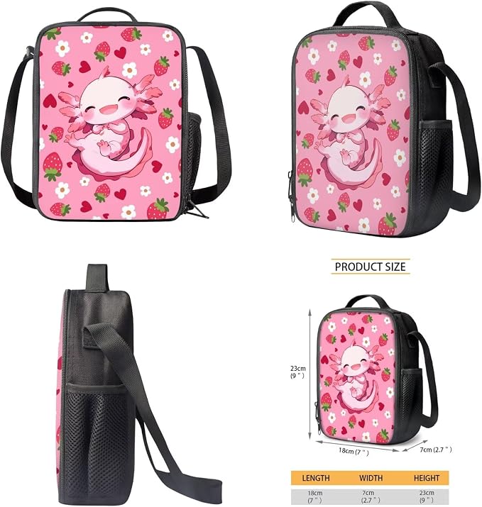 WELLFLYHOM Axolotl Girls Elementary Backpack with Lunch Box Pencil Pouch Water Bottle Sleeve Strawberry 4 Pcs Kids School Book Bag Daypack Set for School Sport Travel
