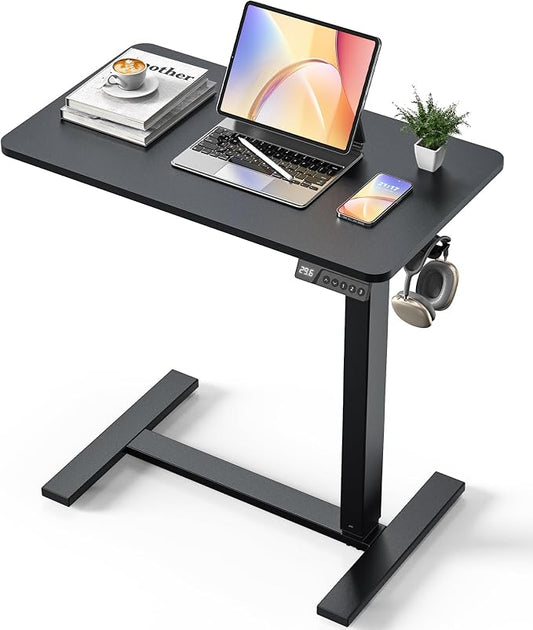 28"x 16" Electric Overbed Table, Rolling Laptop Desk for Bed, Black | Height Adjustable Bedside Desk with Hidden Wheels, Mobile Standing Desk for Sofa, Home Office & Hospital Use