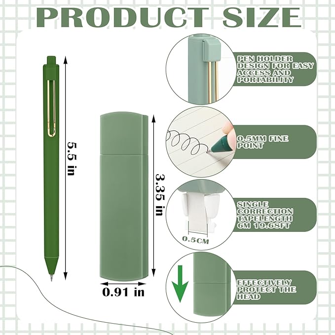 Aesthetic Stationery Set Supplies Sticky Notes Set 6 Mini Correction Tapes 6 Retractable Black Ink Pens 0.5mm Fine Point Paper Corrective Pen Self Stick Index Tabs(Green)