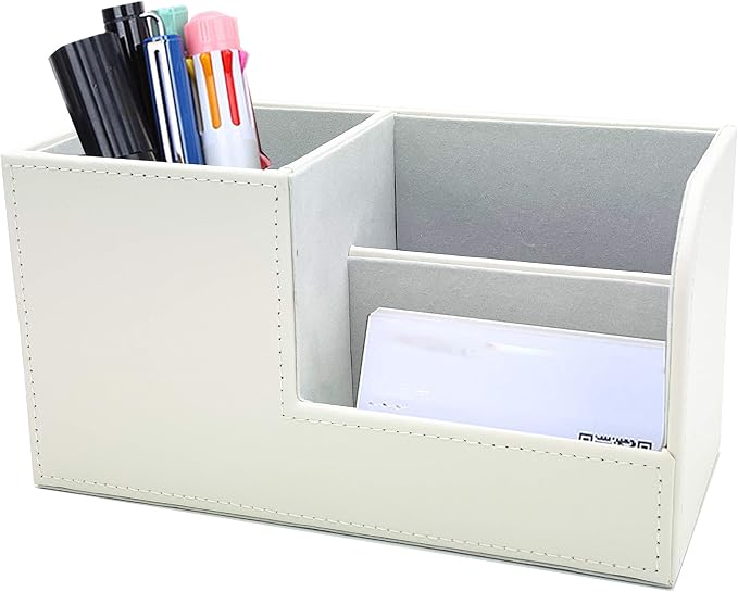Leather Multi-Function Desk Stationery Organizer Storage Box Pen/Pencil, Cell Phone, Business Name Cards, desk organizers (White)
