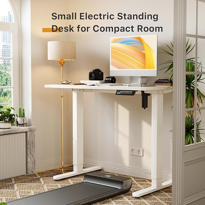 JOY worker Small Electric Standing Desk, 40" Whole Piece Height Adjustable | 40" x 20" White Narrow Sit Stand Desk with Memory Controller, Compact Mini Computer Workstation for Home Office Walking Pad