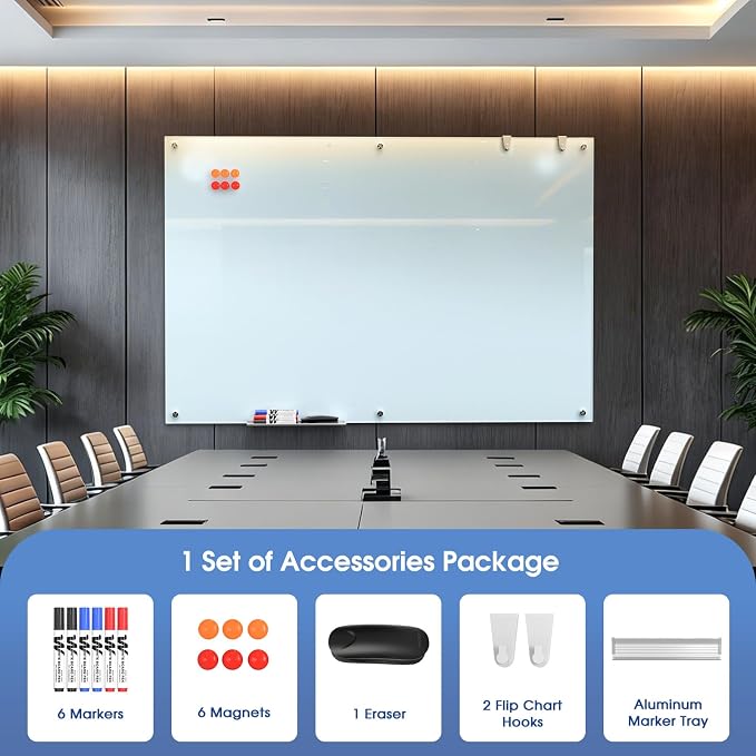 MaxGear Magnetic Glass Whiteboard 60x40 Frameless Wall Mounted | Tempered Glass, Scratch Resistant, Stain Resistant, Ghost Free, Easy Erase, Smooth Writing, High Clarity, Frameless