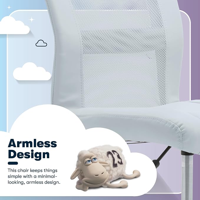 Serta Armless Small Home Desk Chair with Wheel, Ergonomic Mesh Office Chair | Leather and Foam Cusioned Seat, Adjustable Height, Small Vanity Chair for Bedroom and Small Spaces, 360° Swivels, Sky Blue
