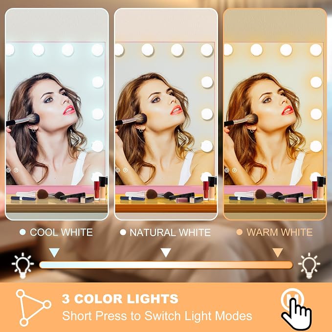 Moonee Vanity Mirror with Lights, Pink Hollywood Lighted Makeup Mirror with 15 Dimmable Bulbs and 10X Magnification, 3 Colors Modes, Aluminum Metal Frame, Light Up Mirror for Tabletop/Wall（23" x 18"）