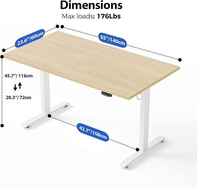 Agilestic Electric Standing Desk, 55 x 24 Inches Height Adjustable Desk, Sit Stand up for Work Office Home, Ergonomic Rising Computer Table with Memory Preset, Maple