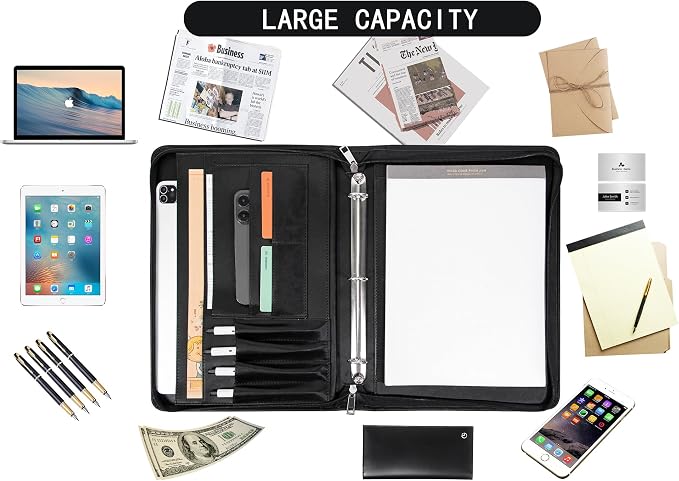 AZXCG Leather Padfolio for Men,Zippered Padfolio with 3 Ring Binder,Business Portfolio Organizer with A4 Writing Pad Holder, Portfolio Binder for Meeting,Gift for Father's Day