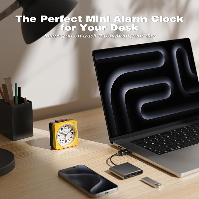 AYRELY® 2.6" × 1.4" Ultra Small Battery Operated Analog Travel Alarm Clock | Silent Non-Ticking Retro Bedside Table Clock with Snooze, Light and Easy Top Alarm Switch for Travel and Bedrooms (Yellow)