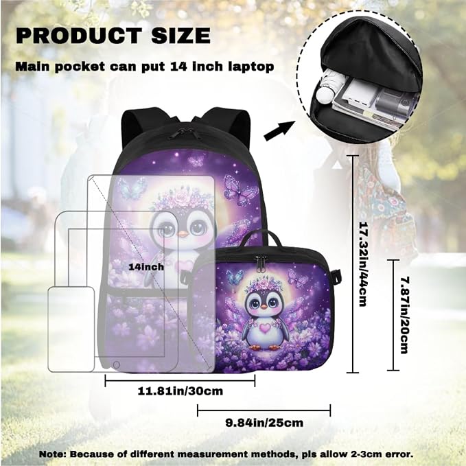 Doojoayie Purple Backpack for Girls Cute Princess Owl School Bags Kids Backpack and Lunch Box Set of 4 Large Capacity Bookbag for Teen Girls Back Back for Kindergarten Student
