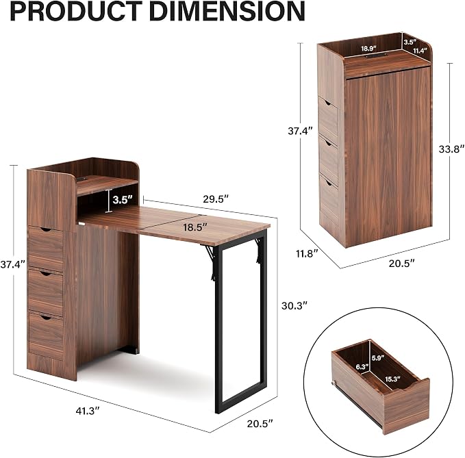LAUSAINT HOME Wall Mounted Foldable Desk, Space Saving Hidden Desk with Storage & Power Outlet, Fold Out Table for Small Spaces, Home Office Bedroom (Walnut)