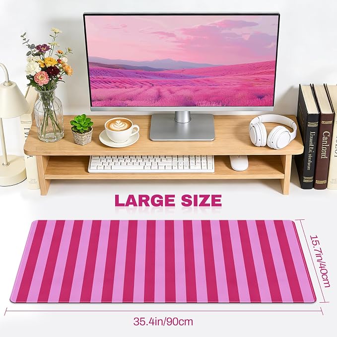 Desk Cover Mat, Big Mouse Pad for Laptop, Aesthetic Computer Pad with Non-Slip Rubber Base, Keyboard Mat for Desktop, Cute Hot Pink Striped Desk Protector for Office Home