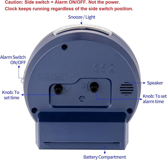 Tinload 4.3" No Ticking Analog Alarm Clock,Silent Readable for Seniors,Easy to Set,Gradual Rise Alarm,Big Numbers,On/Off Switch on Side,Gentle Wake,Snooze,Lighted on Demand,Battery Operated,Blue