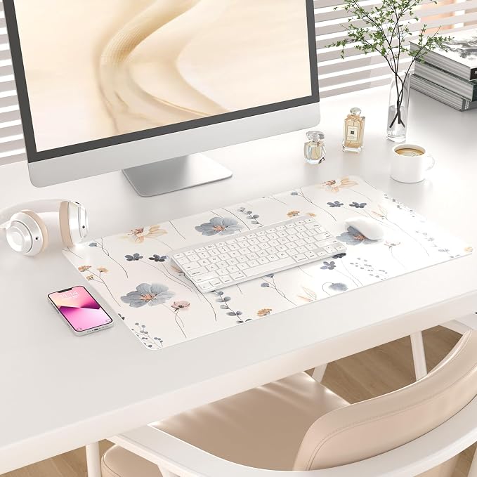 QIYI PU Leather Large Mouse Pad, Waterproof Desk Mat, 23.6" x 13.8", Sprigs | Extended Size Gaming Mousepad, Faux Leather Desk Pad, Desktop Writing Pads for School Office Home, Watercolor Floral Pattern