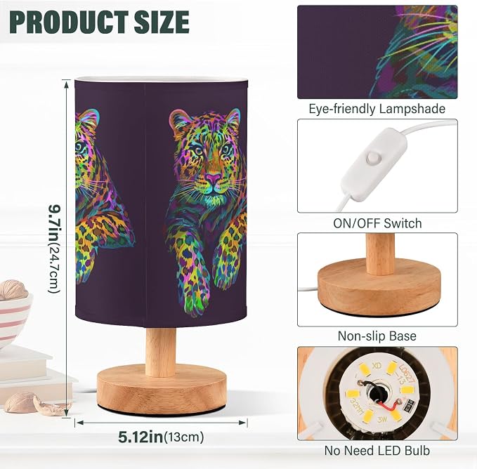 Table Lamp Multicolor Leopard Jaguar Neon Colorful Animal Nightstand Lamp with Wood Base Fabric Lamp Shade Bedside Desk Lamp for Living Room Bedroom Kids Room Office