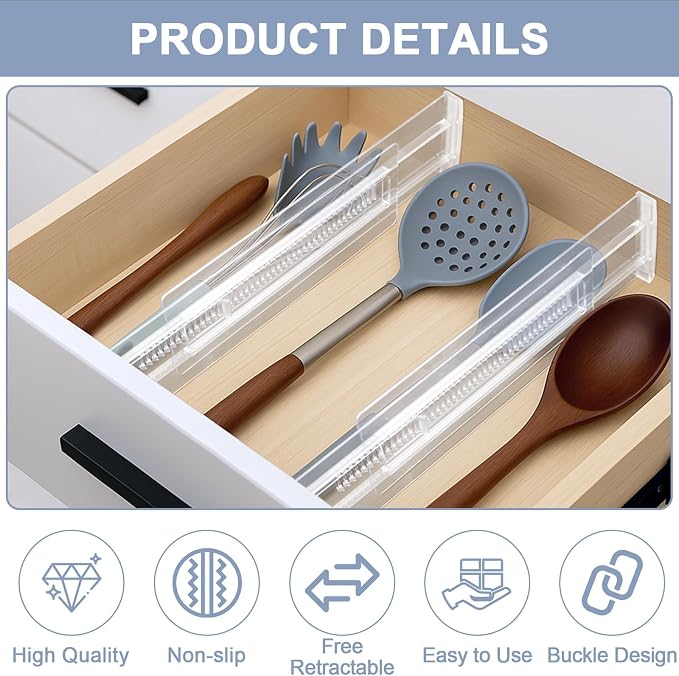 6 Pack Adjustable Drawer Dividers(11.34-19.88") 3.15" Expandable Clear Drawer Dividers for Kitchen, Bedroom & Office Dresser Drawer Organizers for Clothes, Utensils and Baby Nursery Storage
