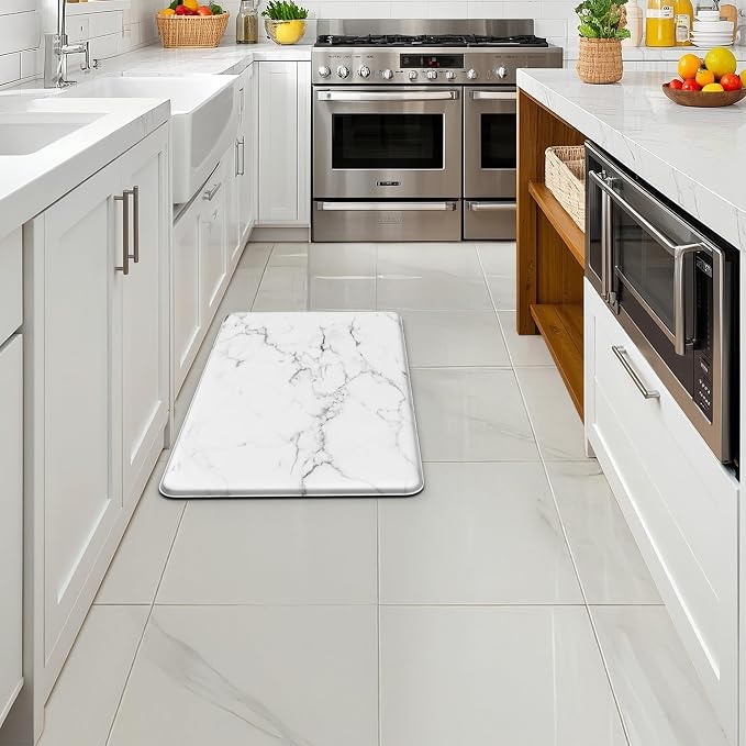 Marble White Kitchen Mats for Floor, Cushioned Anti Fatigue Non-Slip | Cushioned Comfort,Non-Slip Backing,Waterproof Surface,Soft Underfoot,Easy Clean,Kitchen Sink,Laundry Room,Standing Desk
