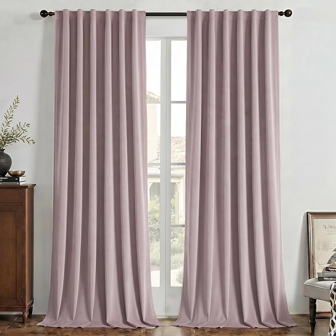 Joydeco Rose Pink 100% Blackout Curtains 102 Inch 2 Panels, Luxury Thermal Pink Velvet Curtains for Bedroom Living Room, Soundproof Blackout Window Drapes, Rod Pocket & Back Tab (52W x 102L)