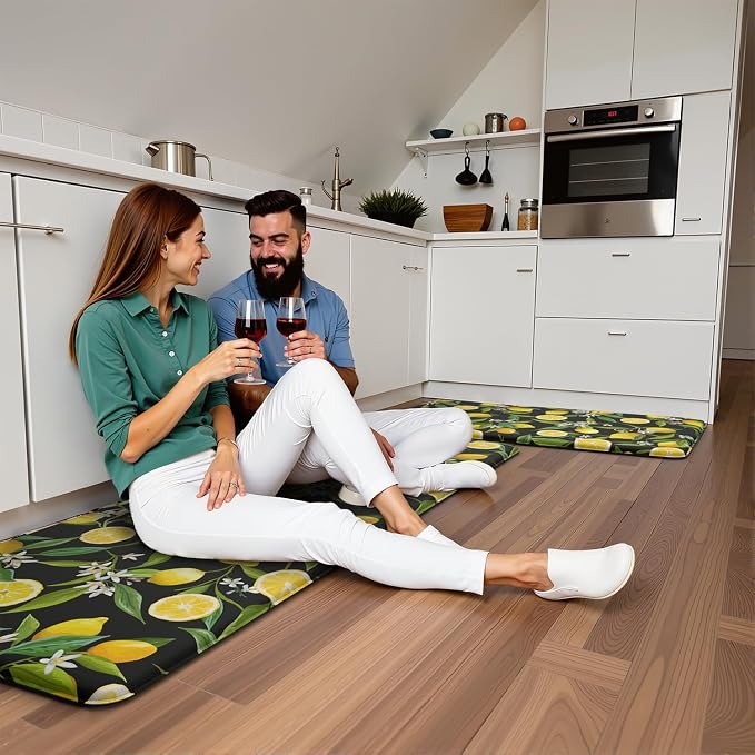 Lemon Kitchen Decor Mat, Extra Long Anti Fatigue Kitchen Mats | Extra Long Coverage,Lemon Pattern,Cushioned Comfort,Waterproof Surface,Non-Slip Backing,Easy Clean,Kitchen Island
