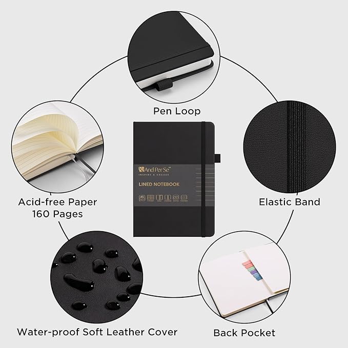 &And Per Se 10-Pack Lined Notebooks, A5 Hardcover, 160 Pages 100gsm Thick Paper, Office Supply Bulk Order, Corporate New Hire Kits, Breakroom Essentials – College Ruled, 10 Units (Black)