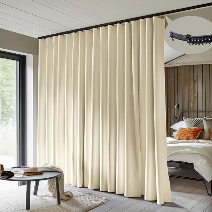 MaKefeile Room Divider Curtains with Flexible Ceiling Curtain Tracks Set,100% Blackout Floor to Ceiling Curtains Patio Sliding Door Curtains (Beige Drape & Black Rail W 15 × H 8 FT)
