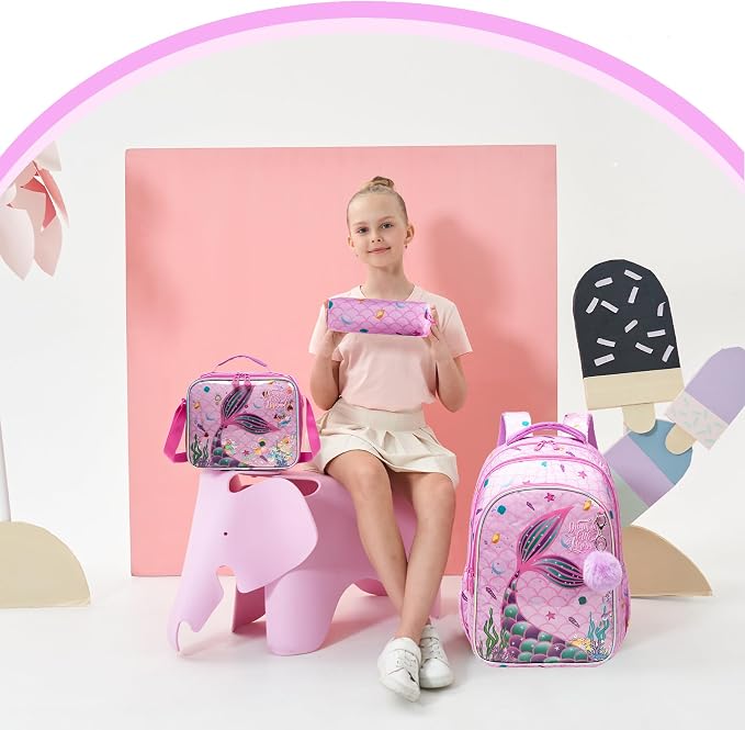 Mermaid Backpack for Girls Backpacks for School Girls 6-12 Travel Backpack for Kids with Lunch Bag Pencil Case Kids Backpacks for Elementary Primary Students