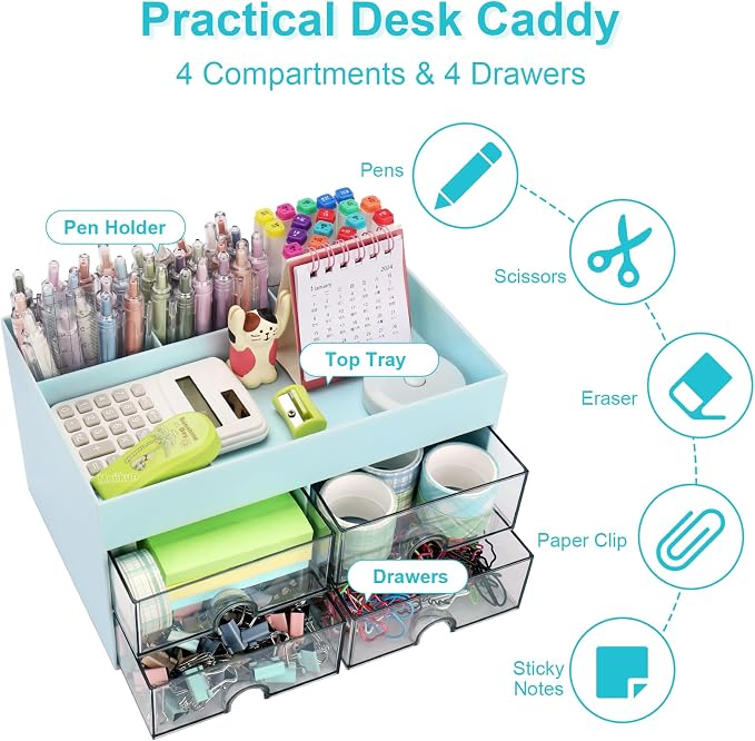 Meiikun Desk Organizer, Office Organizer with Drawer, Desk Accessories & Workspace Organizers, Pen Holder Office Supplies for Desk (4 Drawers+4 Compartments, Blue)