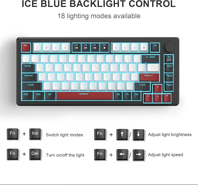 MageGee 75% Mechanical Gaming Keyboard, Compact Blue Backlit Wired Gaming Keyboards with Red Switches, EVA Foam, Knob Control, STAR75 Portable NKRO PC Gaming Keyboard - Black & White