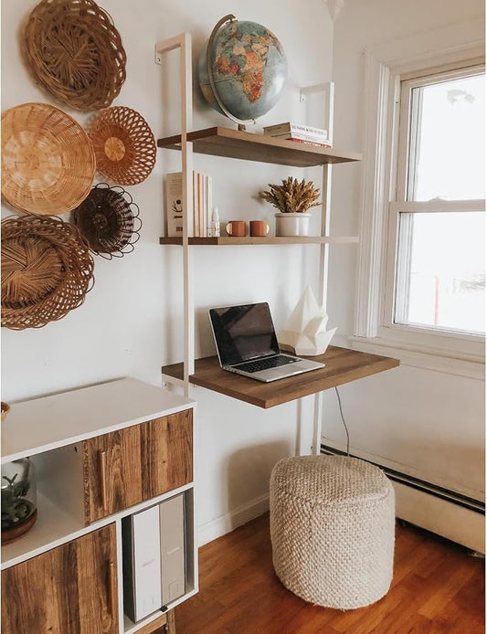 Wall Mount Desk 3 Tiers Wall Table Wall Mount Computer Writing Table Industrial Bookcase Desk Brown and White for Homes Office School