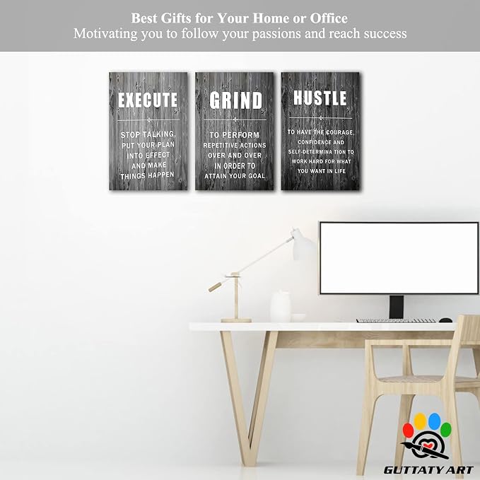 Office Wall Art - 3 Panel Motivational Wall Art, Inspirational Quotes Canvas Art for Home Office Wall Decor, Positive Quotes Wall Decor, Entrepreneur Grind Hustle Execution Poster Frame (12”x24”x3Pcs)