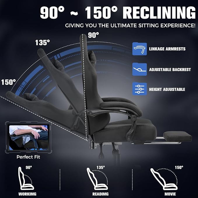 GTPLAYER Big and Tall Gaming Chair 400lbs Heavy Duty Office Chair with Foot Rest, High Back Pocket Spring Ergonomic Computer Chair for Adults, Wide Comfy Seated Cushion with Linkage Armrests, Black