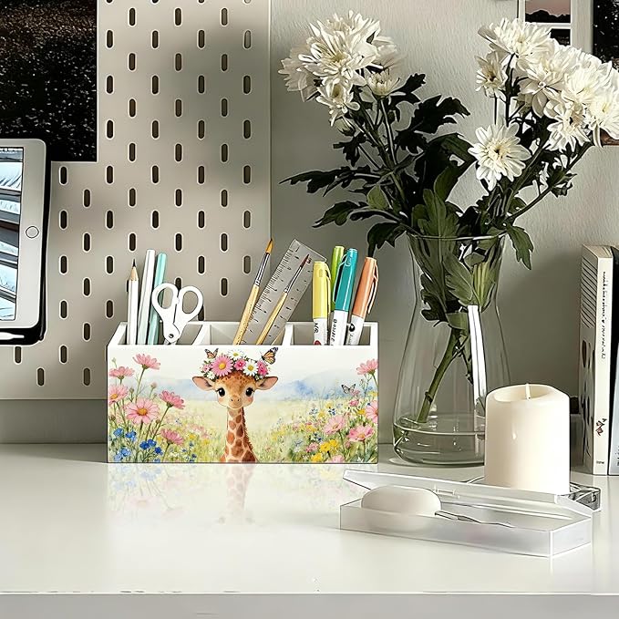 Giraffe Pen Pencil Holder for Desk Accessories, Giraffe Gifts for Women & Kids, Rustic Butterfly Flower Wild Animal Wooden Box Sign Decorations for Kids Room Home Office Desk Tabletop