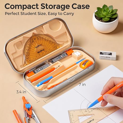 Nicpro 17 PCS Compass Geometry Set for Students, Drafting Tools Math Protractor Compass with Rulers, Mechanical Pencil, Square Set, Box of Protractors Kit for Class Supplies, Back to School Supplies