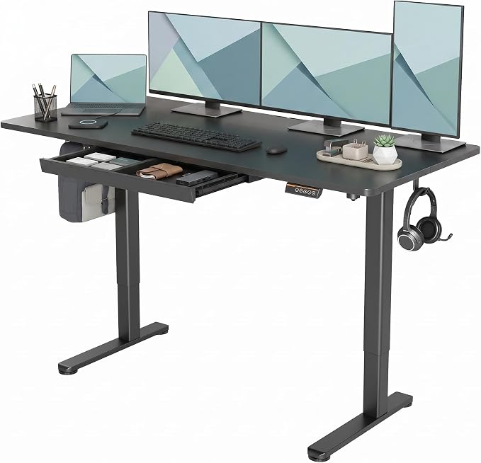 Claiks Electric Height Adjustable Standing Desk with Drawers, 63 x 24 Inch Sit Stand Desk for Home Office, Computer Desk Workstation,Black