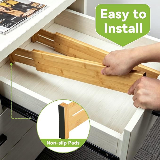 Utoplike Kitchen Drawer Divider, Expandable Bamboo Drawers Organizer 3.2" H | Large Adjustable Spring-Loaded Separators for Spatulas, Utensils, Bedroom & Home Storage, 4pcs, Fit 18"-20.6" Inner Drawer