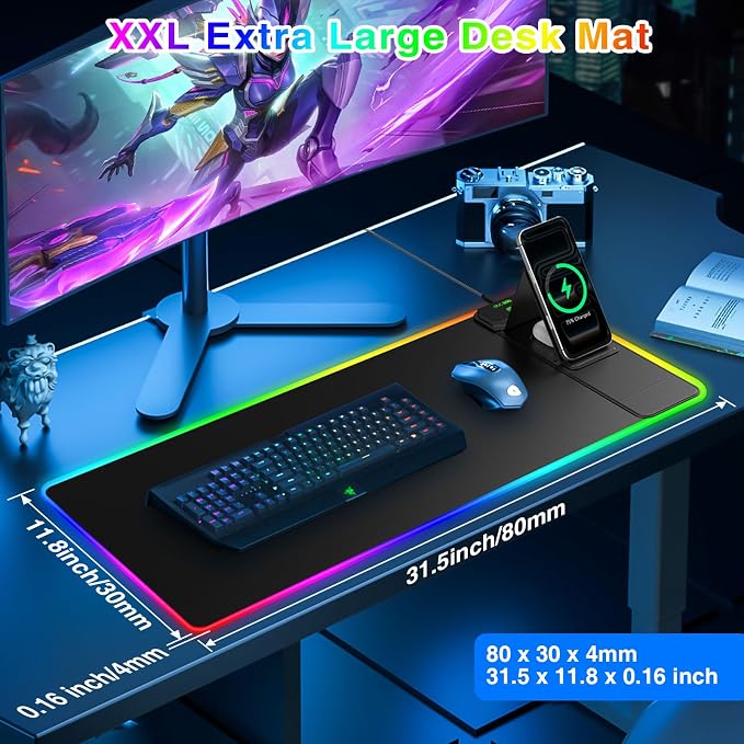 XL RGB Gaming Mousepad, 25 Lighting Effects, 15W Fast Charging, Phone Stand | 31.5"x11.8" Extended Keyboard Mat Pad with Stitched Edges, Ultra-Smooth Waterproof Surface, Non-Slip Base
