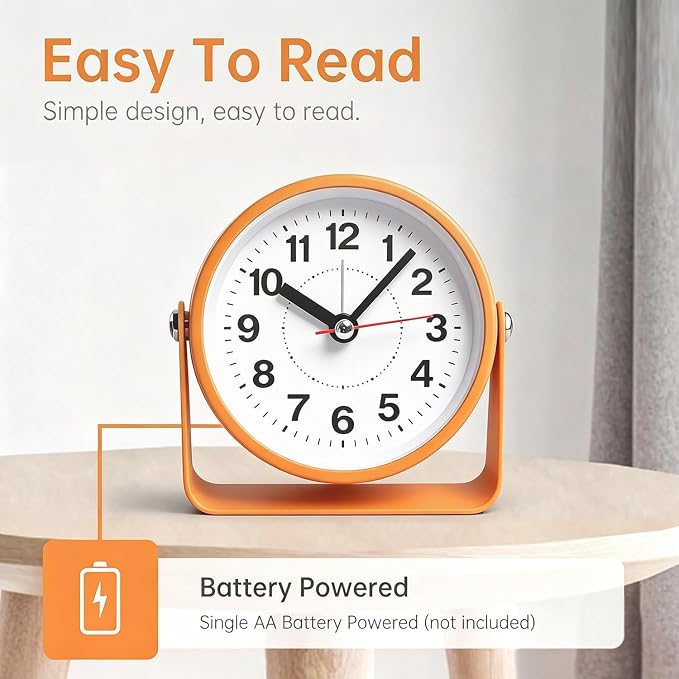3.5" Analog Alarm Clock Silent Light Snooze 360° Adjustable Angle | Small Retro Desk Clock Battery Operated, Silent Metal Table Clock with Light for Living Room,Bedroom Loud Alarm Clock Adults