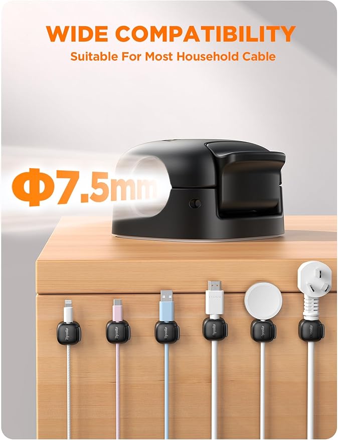 6Pack Cord Organizer, Chfeila Spring Cable Clips [1s Lock] Cable Management, Cute Cord Holder for Nightstand Home Office Desk Accessories Women Men,Girls Guys College Dorm Room Essentials Decor, Black