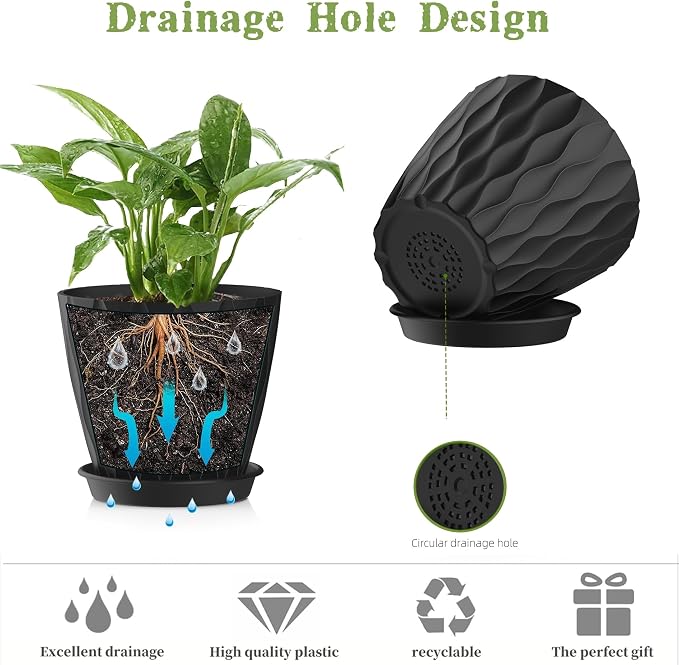 5 Inch Planter Pots, 6 Pack Indoor Planters, Small Flower Pots with Drainage Holes and Tray for Succulents, Orchids, Herbs and Other Indoor Plants,Black