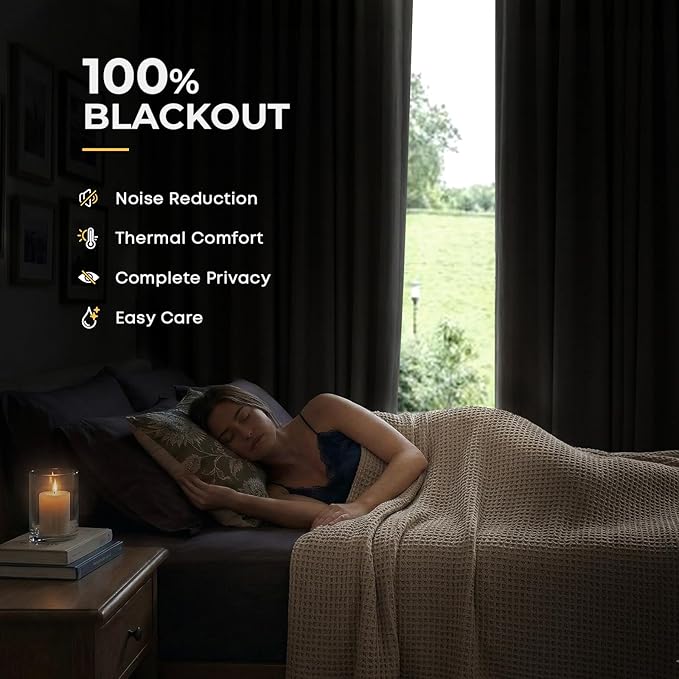 INOVADAY 100% Blackout Curtains for Bedroom, Black Out Curtains 108 Inch Long, Clip Rings Linen Blackout Drapes, Thermal Insulated Room Darkening for Living Room, 2 Panels - Burlywood Birch,W50xL108