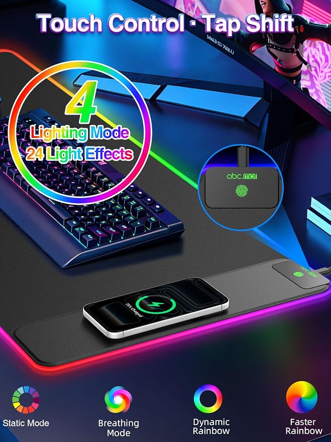 XXL RGB Gaming Mouse Pad with 15W Magnetic Wireless Charger | 31.5'' x 15.8'' Extra Large LED Desk Mat, 24 Light Effects, Non-Slip Rubber Base, Waterproof Easy Gliding Surface