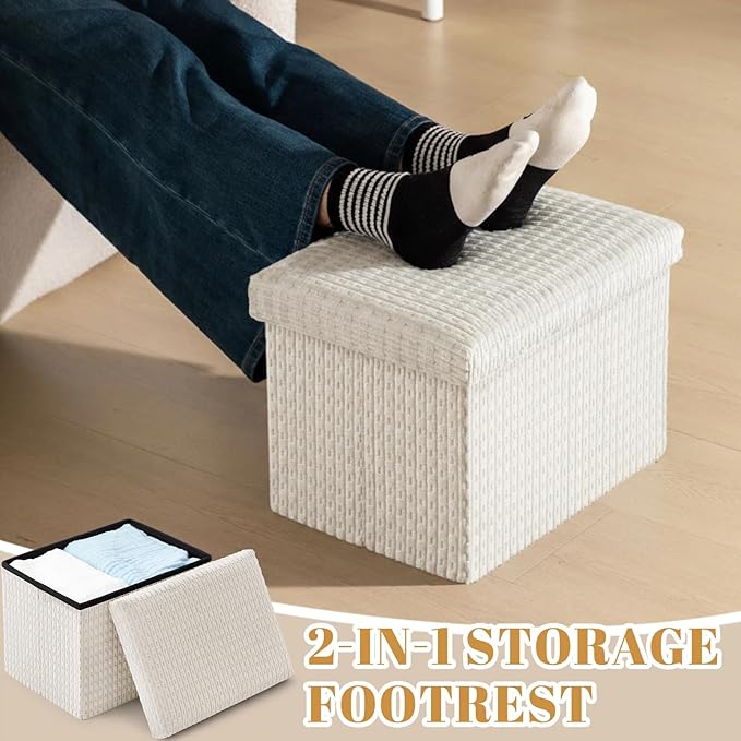 Thyle Storage Ottoman Cube, Small Foldable Footrest Stool for Under Desk Use, Sturdy Corduroy Ottoman with Storage for Snacks, Toys, Living Room, Bedroom, Dorm or Home Office, 16x12x12 Inch(Beige)
