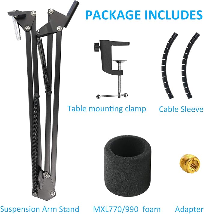 MXL 770 990 Microphone Stand with Pop Filter - Mic Suspension Boom Arm Stand with Windscreen, Cable Sleeve Compatible with MXL 770 990 Mics by YOUSHARES