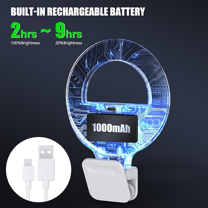 Diyife Selfie Ring Light, [360° Rotation] Rechargeable 1000mAh Selfie Light for Phone, 60 LED 10 Level Brightness Portable Phone Clip on Light for Laptop, Makeup, Vlog, TikTok, Video Recording