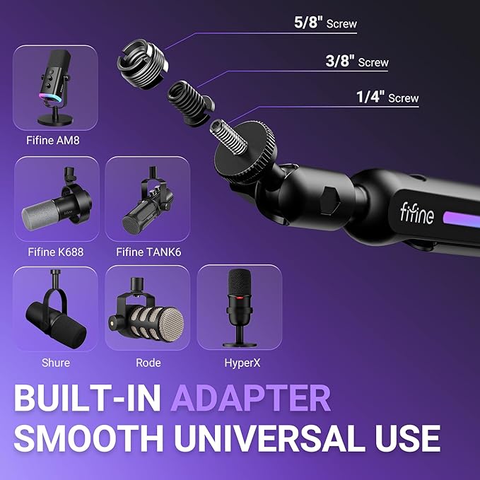 FIFINE Microphone Boom Arm with Controllable RGB, Adjustable Low Profile Mic Stand with Desk Mount Clamp,Cable Management, Screw Adapter for Gaming, Podcast, Streaming, Studio-BM88Pro