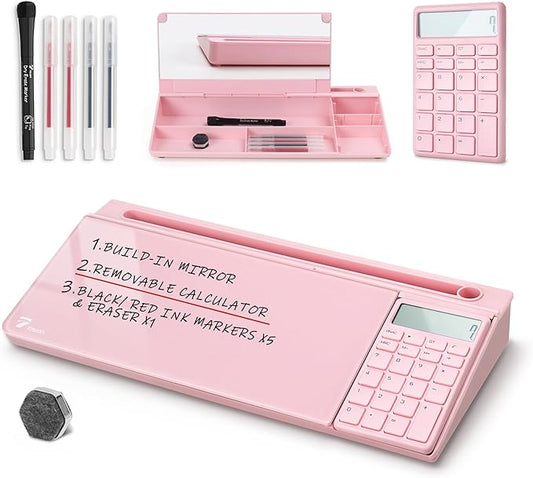 TOWON Desk Dry Erase Board with Detachable Calculator, Small Glass Desktop Whiteboard, Desktop whiteboard - Glass Dry Erase White Board- Desk Computer Buddy for Home Office Supply, Pink, 17 x 6 in